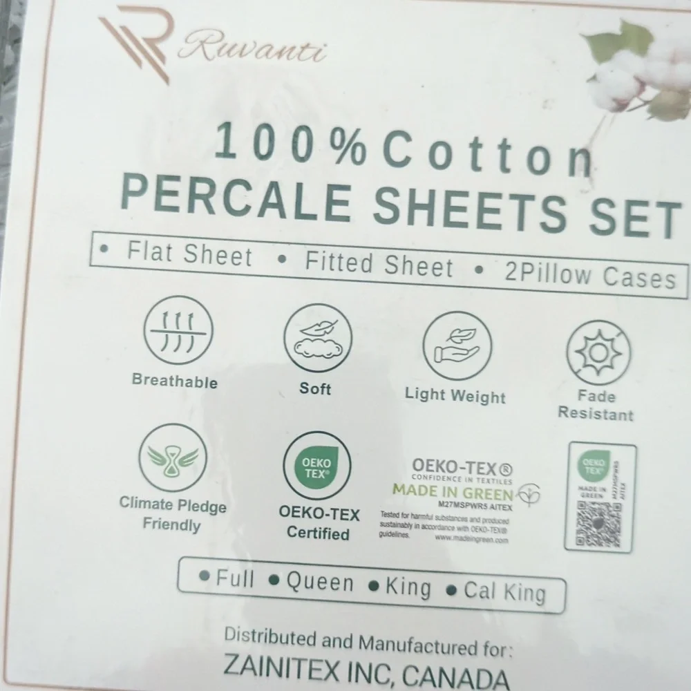 RUVANTI 100% Cotton Sheets – California King Percale Bedding, Cooling Breathable